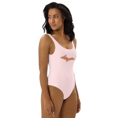 Michigan Upper Peninsula One-Piece Swimsuit (w/ Copper Outline) | Pale Pink