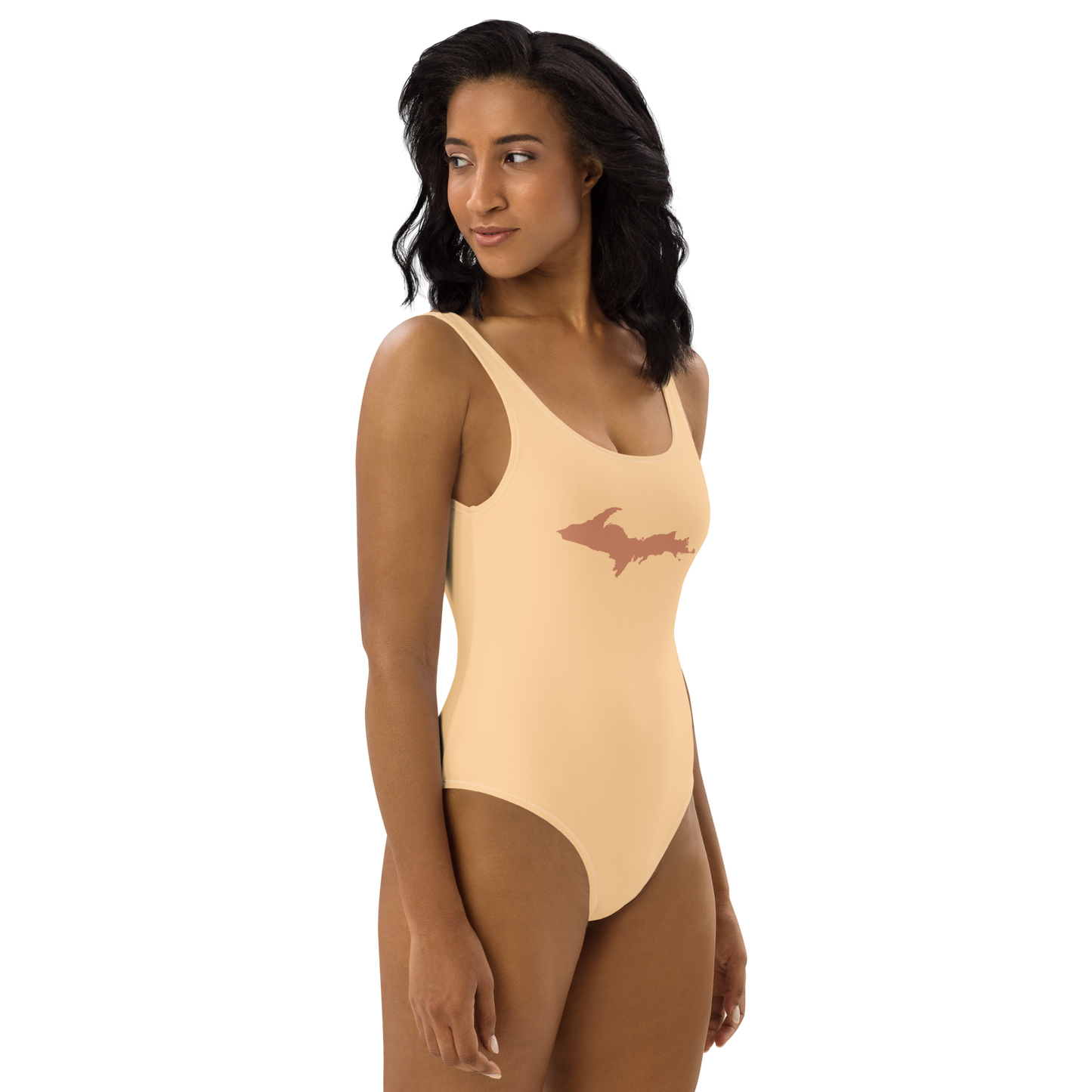 Michigan Upper Peninsula One-Piece Swimsuit (w/ Copper Outline) | Pale Apricot