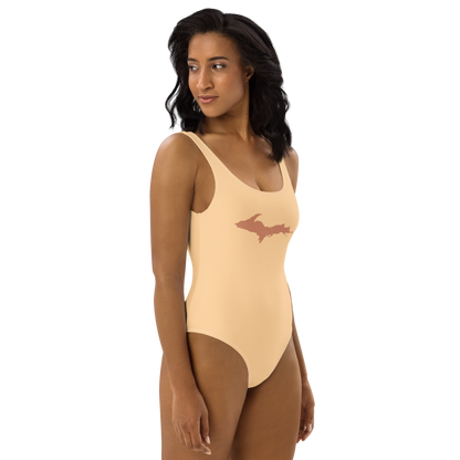 Michigan Upper Peninsula One-Piece Swimsuit (w/ Copper Outline) | Pale Apricot