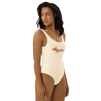 Michigan Upper Peninsula One-Piece Swimsuit (w/ Copper Outline) | Champagne White