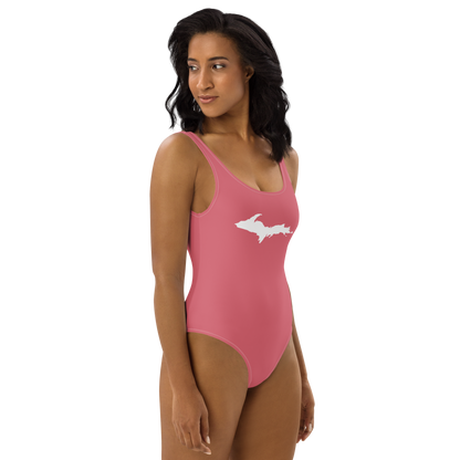 Michigan Upper Peninsula One-Piece Swimsuit (w/ UP Outline) | Watermelon Pink