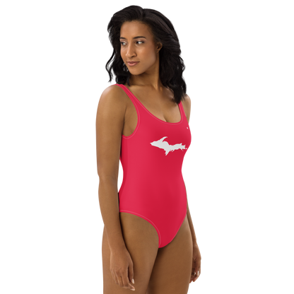 Michigan Upper Peninsula One-Piece Swimsuit (w/ UP Outline) | Lighthouse Red