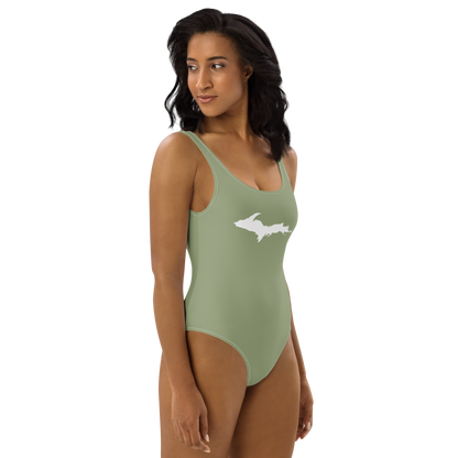 Michigan Upper Peninsula One-Piece Swimsuit (w/ UP Outline) | Beachgrass Green