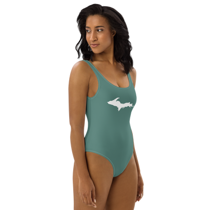 Michigan Upper Peninsula One-Piece Swimsuit (w/ UP Outline) | Copper Green