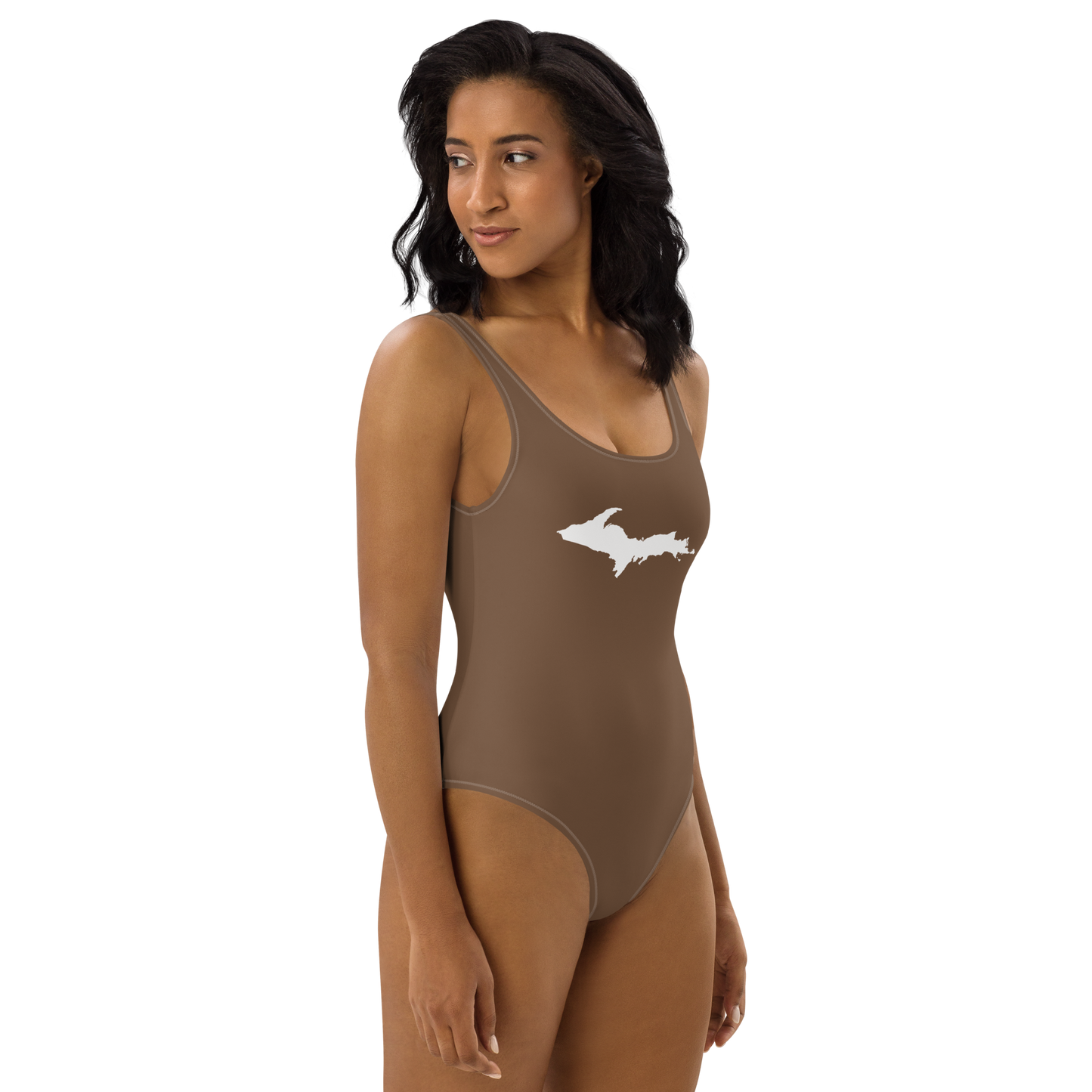 Michigan Upper Peninsula One-Piece Swimsuit (w/ UP Outline) | Coffee Color