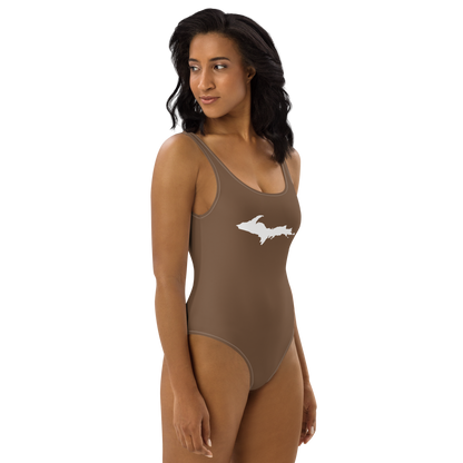 Michigan Upper Peninsula One-Piece Swimsuit (w/ UP Outline) | Coffee Color