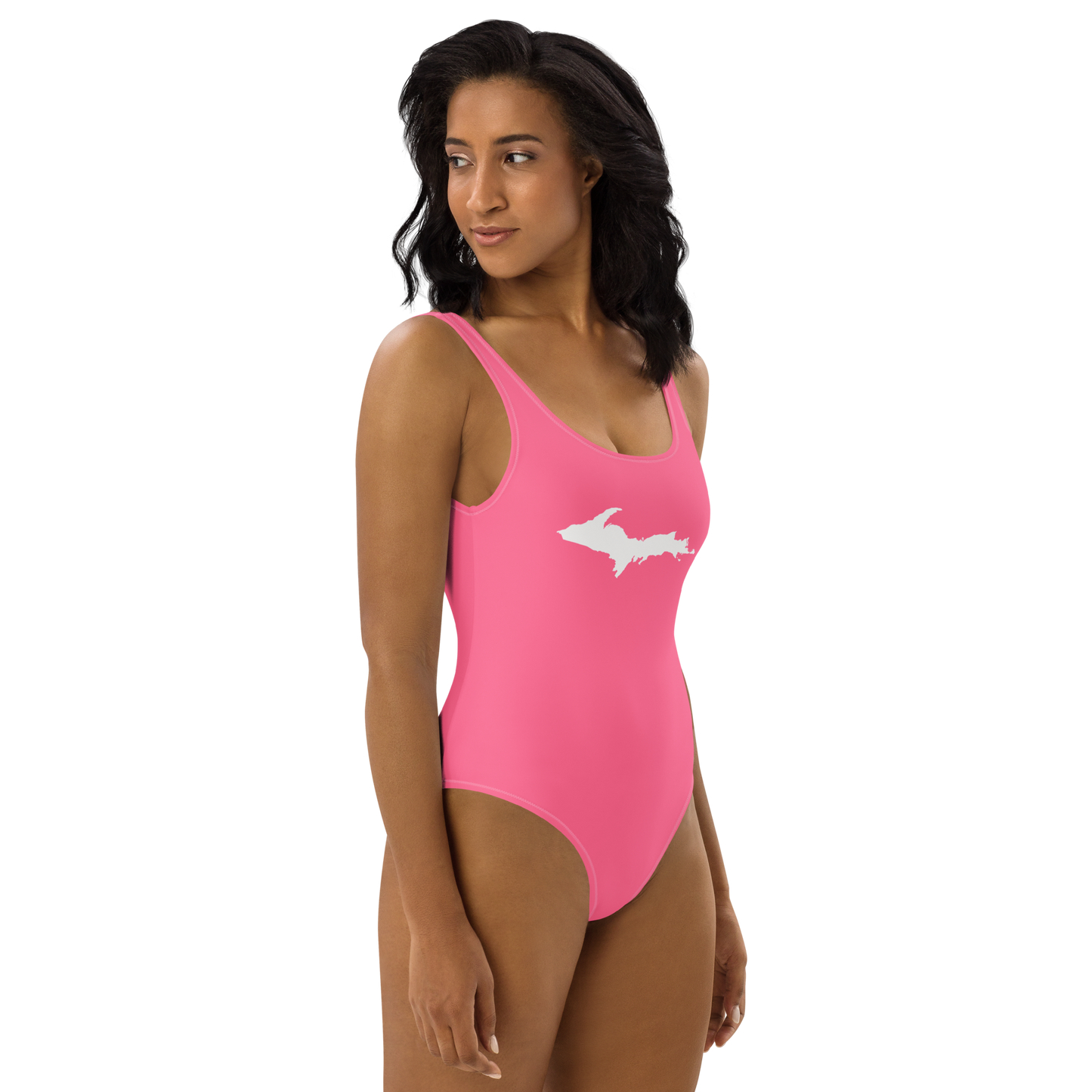 Michigan Upper Peninsula One-Piece Swimsuit (w/ UP Outline) | Rhodochrosite Pink