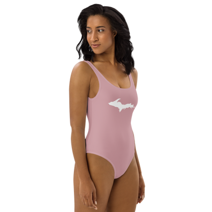 Michigan Upper Peninsula One-Piece Swimsuit (w/ UP Outline) | Cherry Blossom Pink