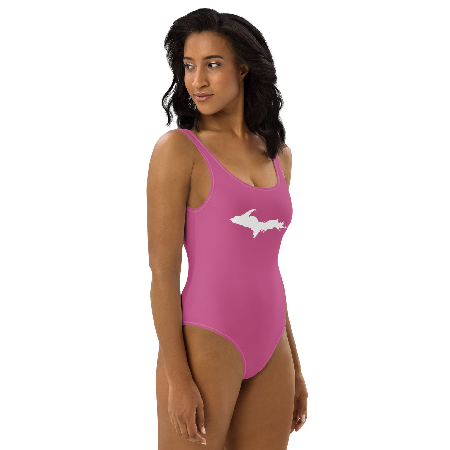 Michigan Upper Peninsula One-Piece Swimsuit (w/ UP Outline) | Apple Blossom Pink