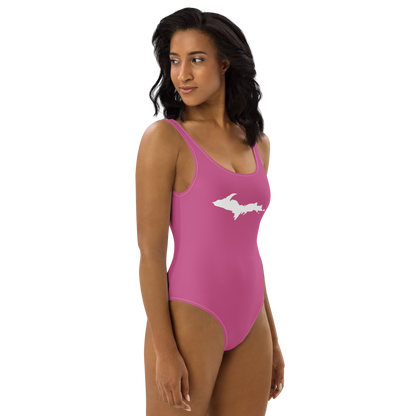 Michigan Upper Peninsula One-Piece Swimsuit (w/ UP Outline) | Apple Blossom Pink