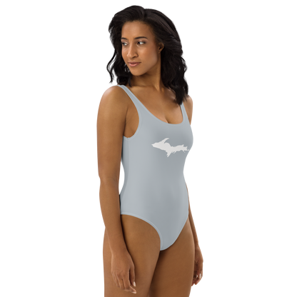 Michigan Upper Peninsula One-Piece Swimsuit (w/ UP Outline) | Silver