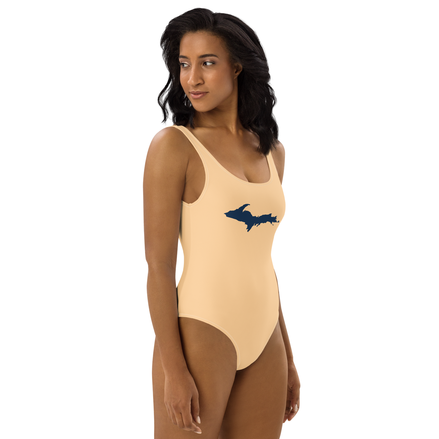 Michigan Upper Peninsula One-Piece Swimsuit (w/ UP Outline) | Pale Apricot