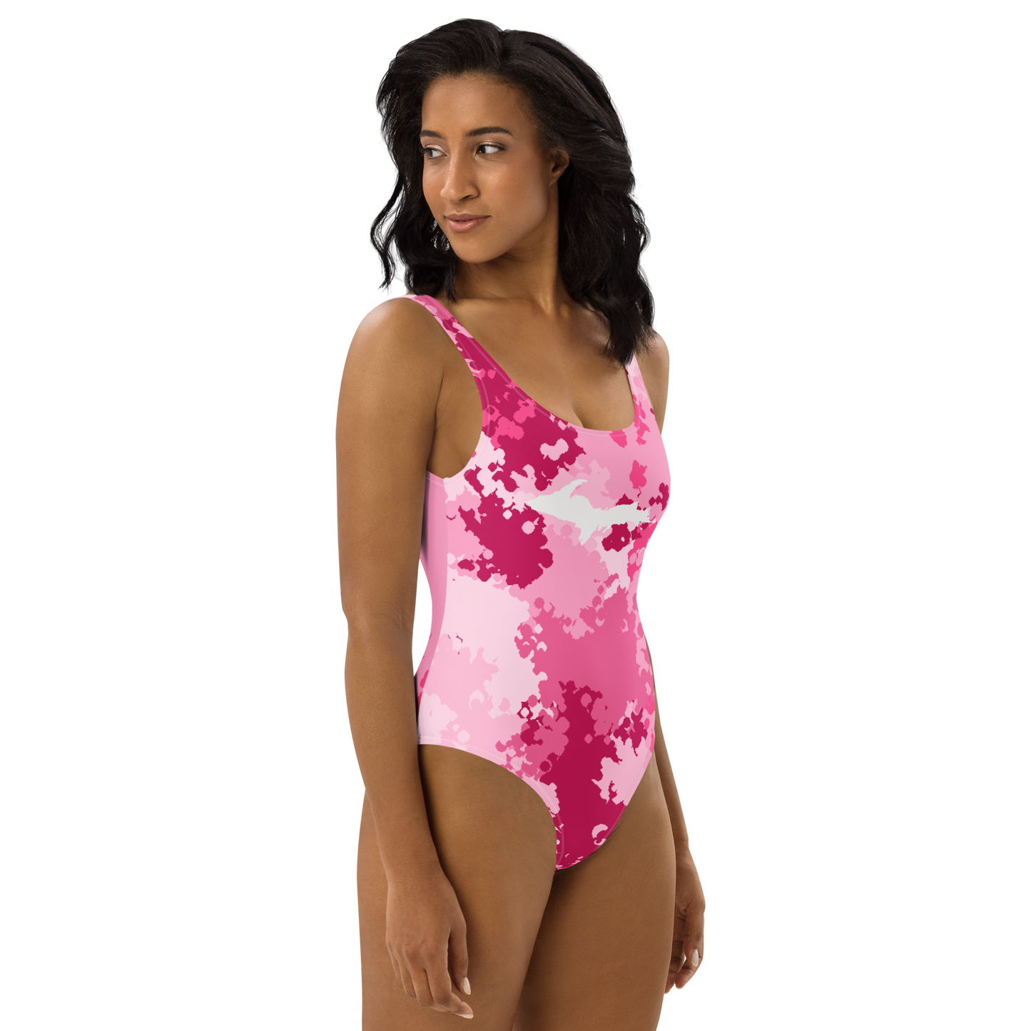 Michigan Upper Peninsula One-Piece Swimsuit (w/ UP Outline) | Pink Camo