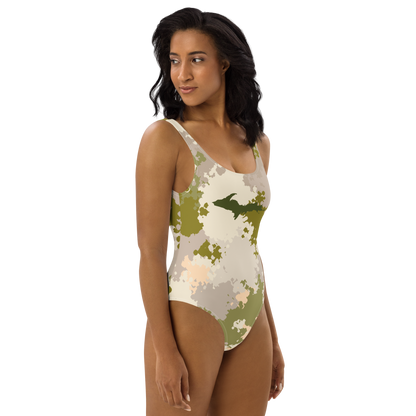 Michigan Upper Peninsula One-Piece Swimsuit (w/ UP Outline) | Army Green