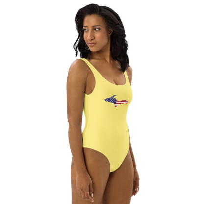 Michigan Upper Peninsula One-Piece Swimsuit (w/ UP USA Flag) | Cherry Yellow