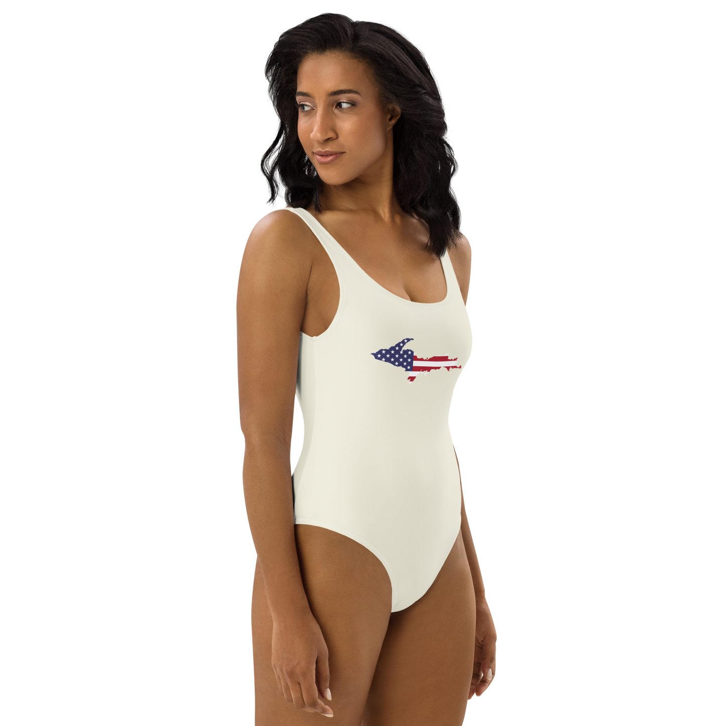 Michigan Upper Peninsula One-Piece Swimsuit (w/ UP USA Flag) | Ivory White