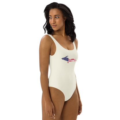 Michigan Upper Peninsula One-Piece Swimsuit (w/ UP USA Flag) | Ivory White