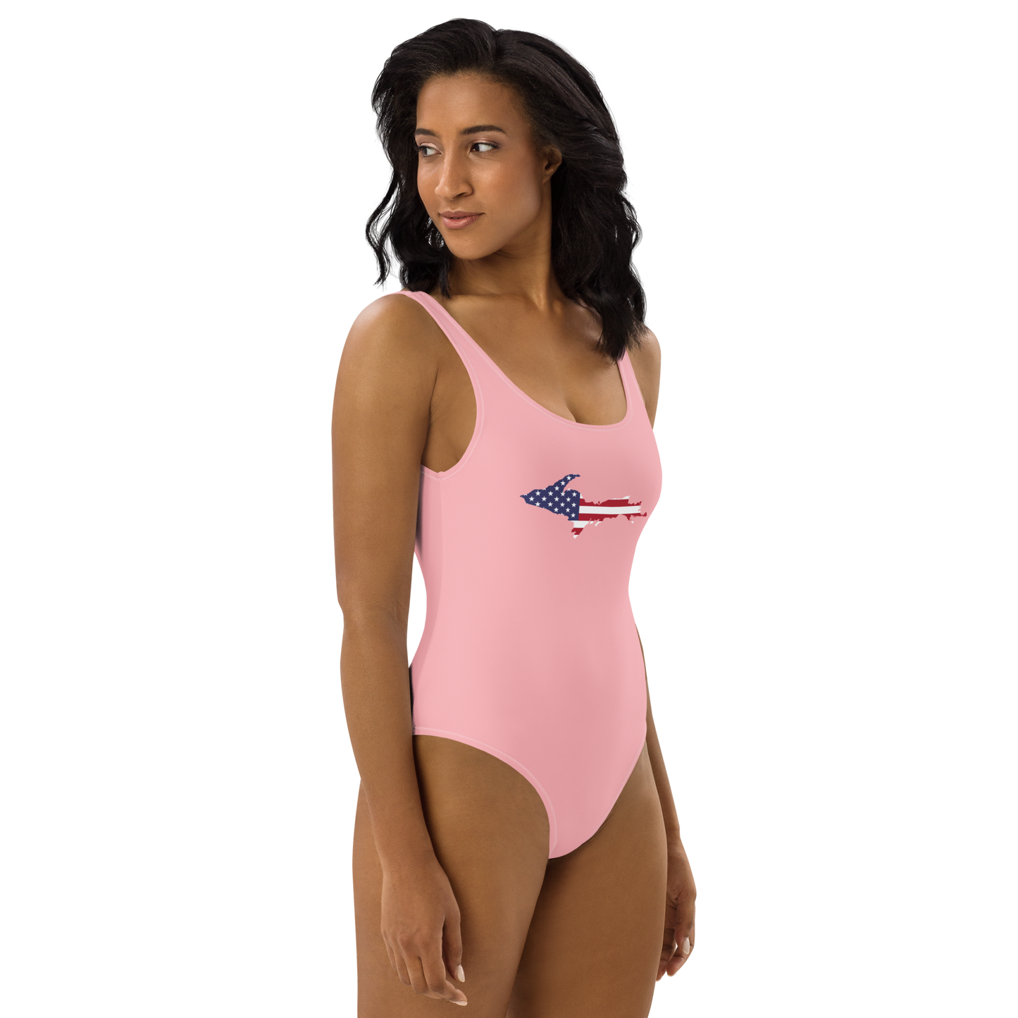 Michigan Upper Peninsula One-Piece Swimsuit (w/ UP USA Flag) | Strawberry Pink