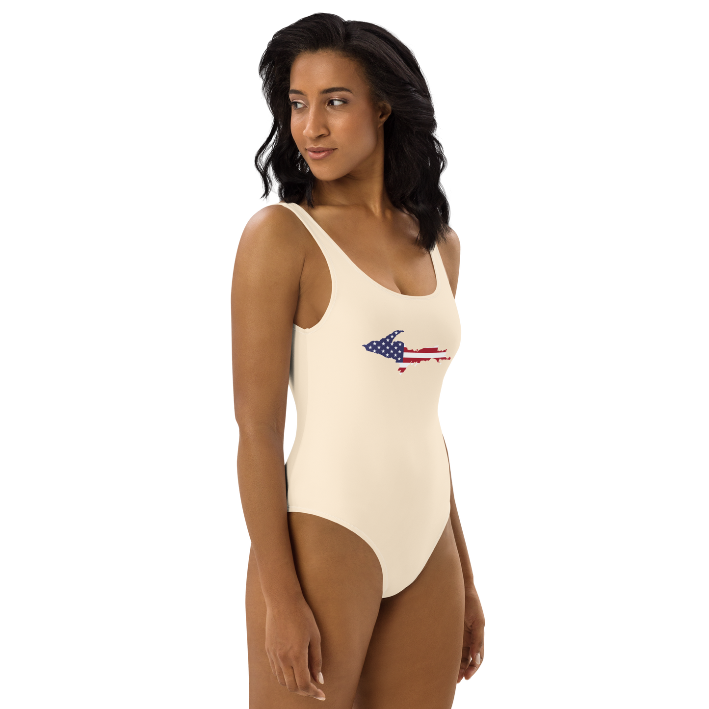 Michigan Upper Peninsula One-Piece Swimsuit (w/ UP USA Flag) | Champagne White