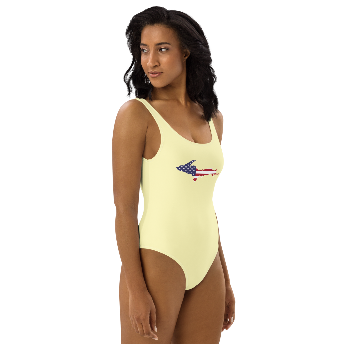 Michigan Upper Peninsula One-Piece Swimsuit (w/ UP USA Flag) | Canary Yellow