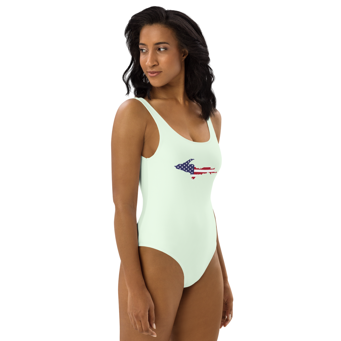 Michigan Upper Peninsula One-Piece Swimsuit (w/ UP USA Flag) | Dew Green