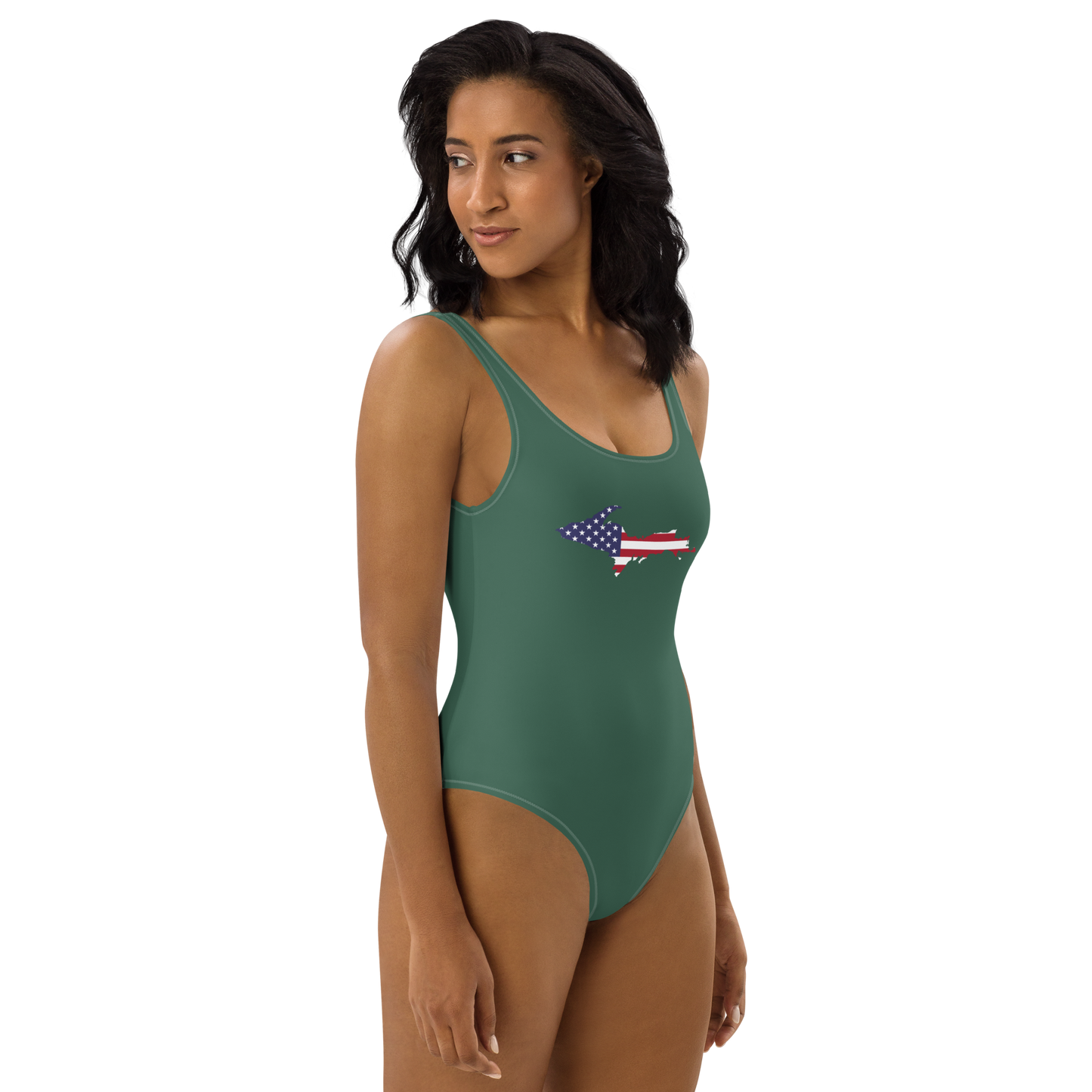 Michigan Upper Peninsula One-Piece Swimsuit (w/ UP USA Flag) | Ginger Ale Green