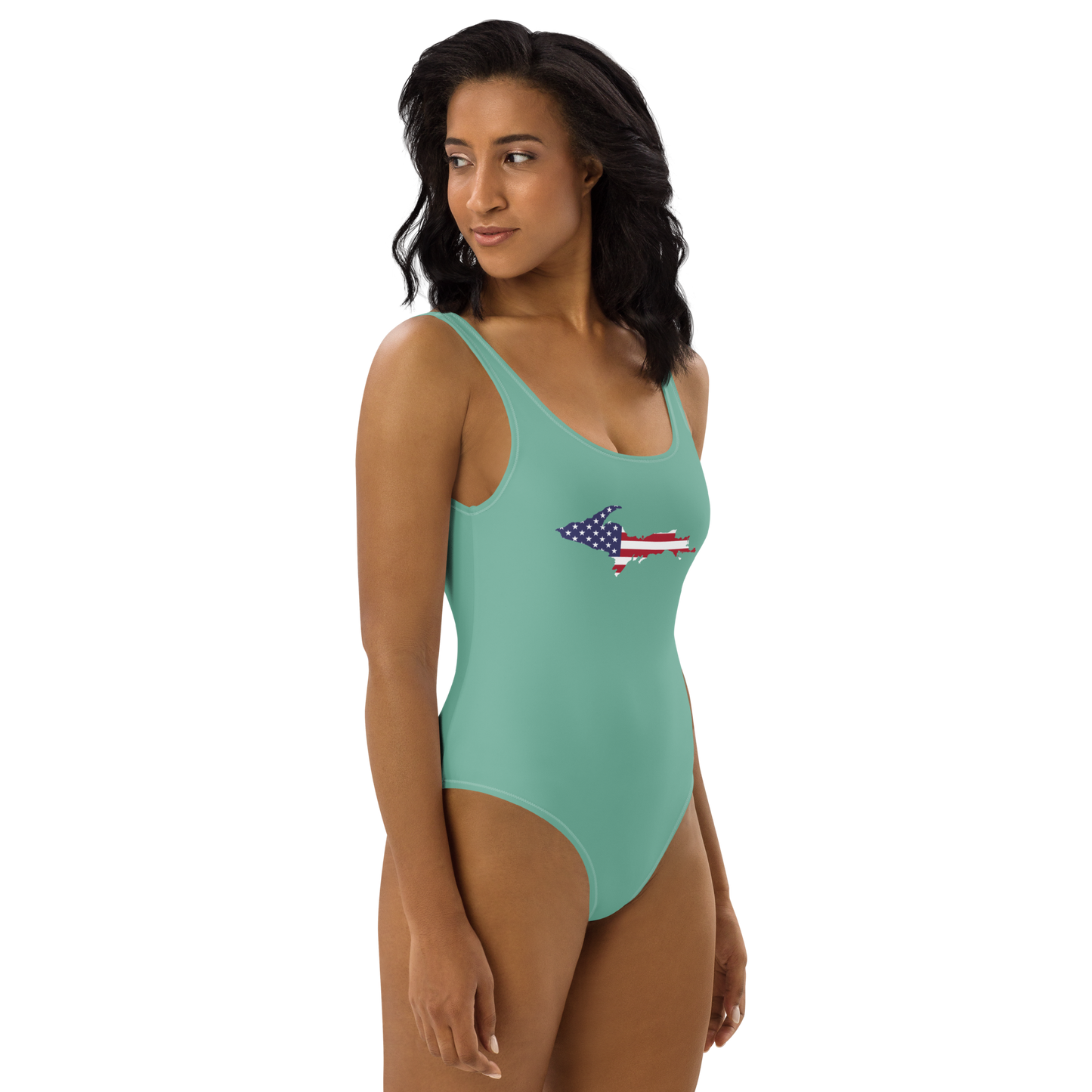 Michigan Upper Peninsula One-Piece Swimsuit (w/ UP USA Flag) | Metallic Mint Green