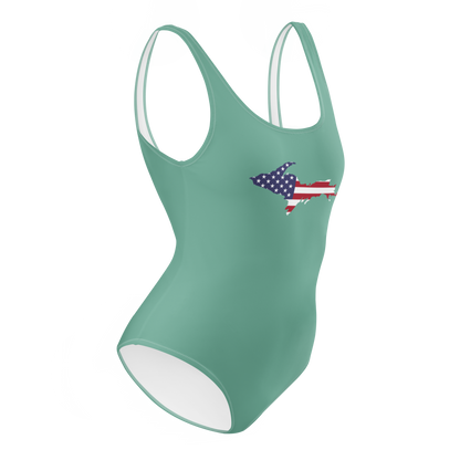 Michigan Upper Peninsula One-Piece Swimsuit (w/ UP USA Flag) | Metallic Mint Green