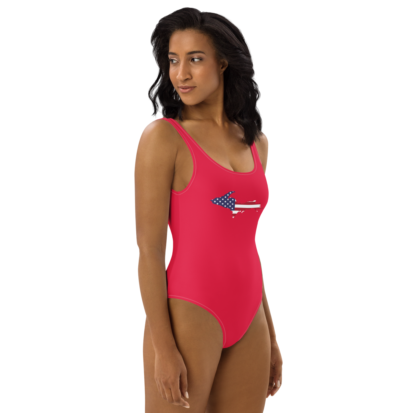 Michigan Upper Peninsula One-Piece Swimsuit (w/ UP USA Flag) | Lighthouse Red