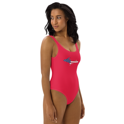 Michigan Upper Peninsula One-Piece Swimsuit (w/ UP USA Flag) | Lighthouse Red