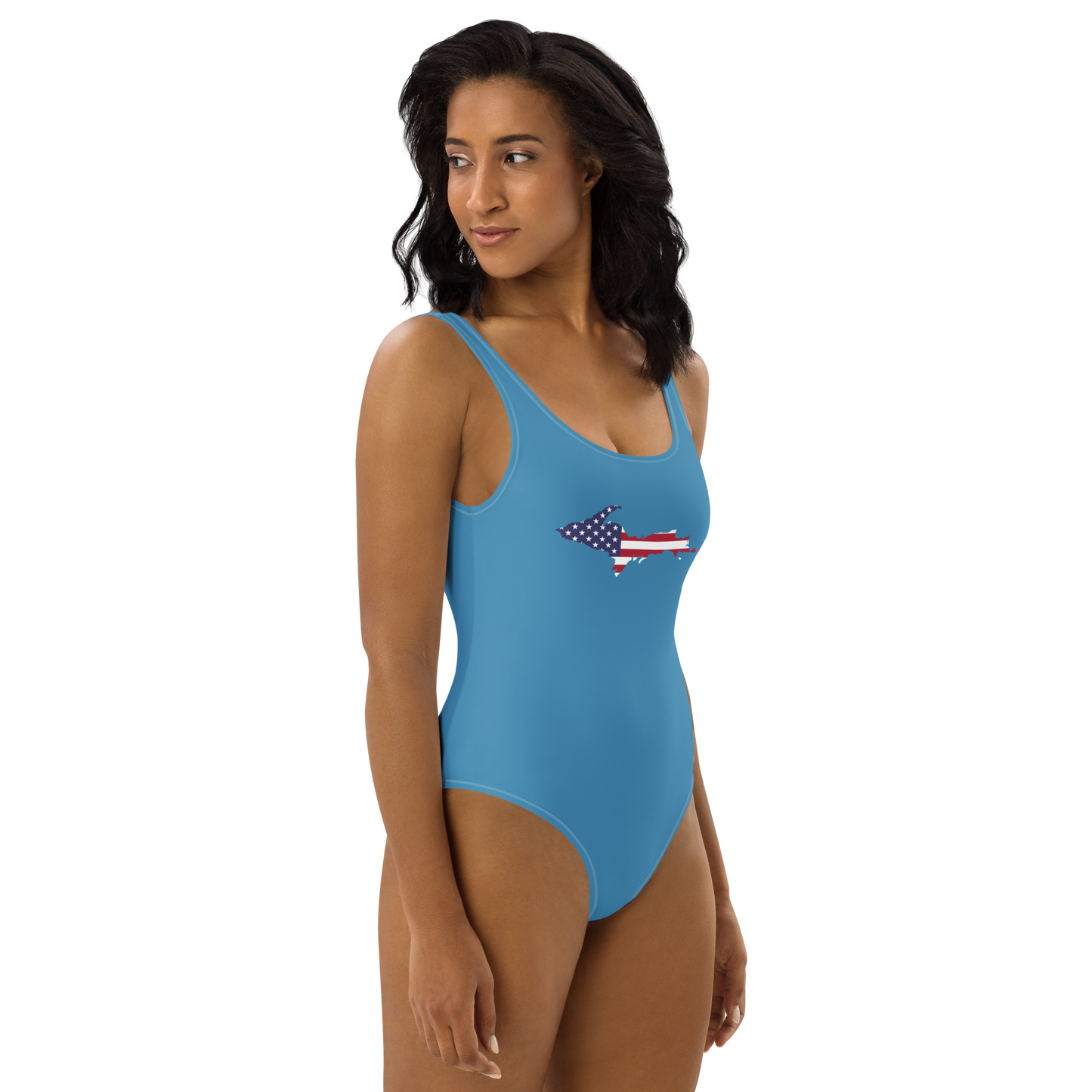 Michigan Upper Peninsula One-Piece Swimsuit (w/ UP USA Flag) | Lake Michigan Blue