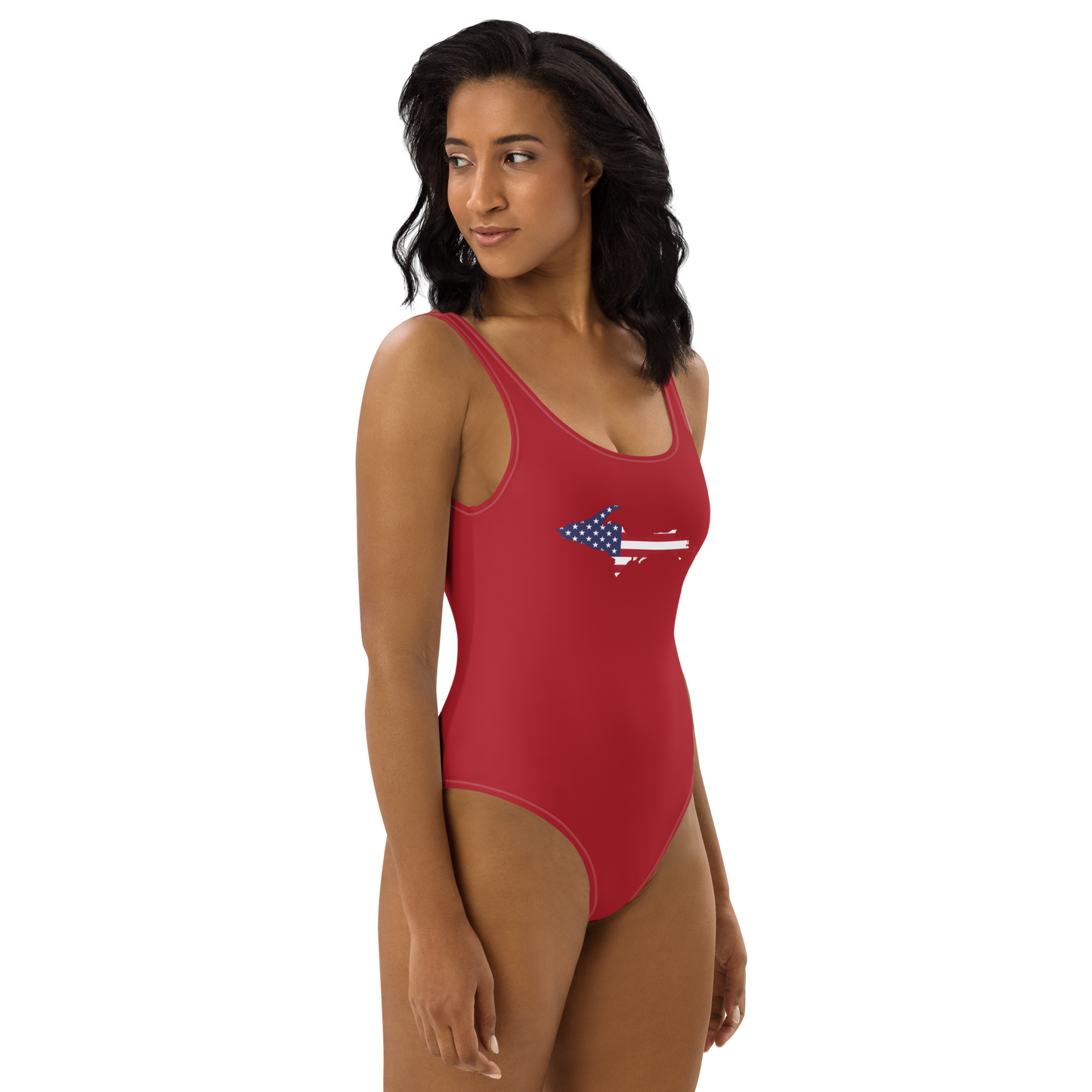 Michigan Upper Peninsula One-Piece Swimsuit (w/ UP USA Flag) | Thimbleberry Red