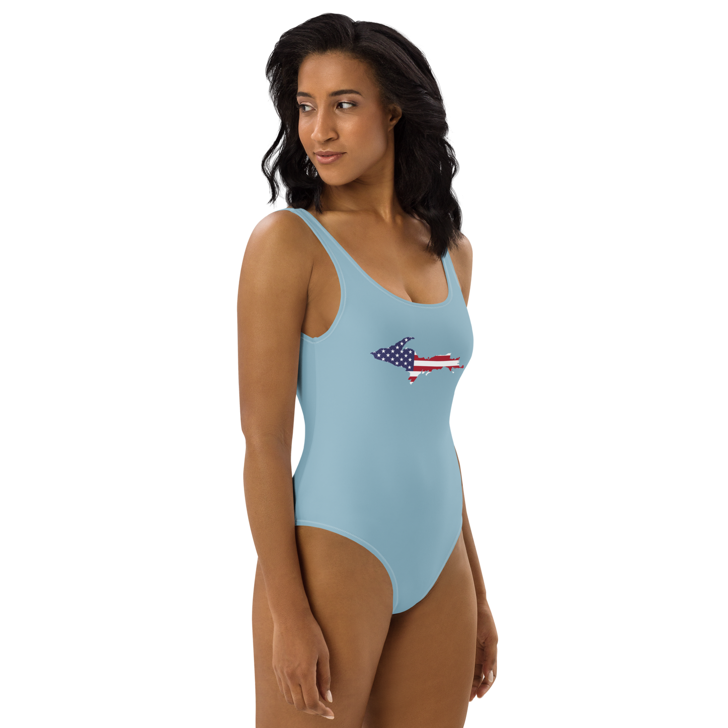 Michigan Upper Peninsula One-Piece Swimsuit (w/ UP USA Flag) | Opal Blue