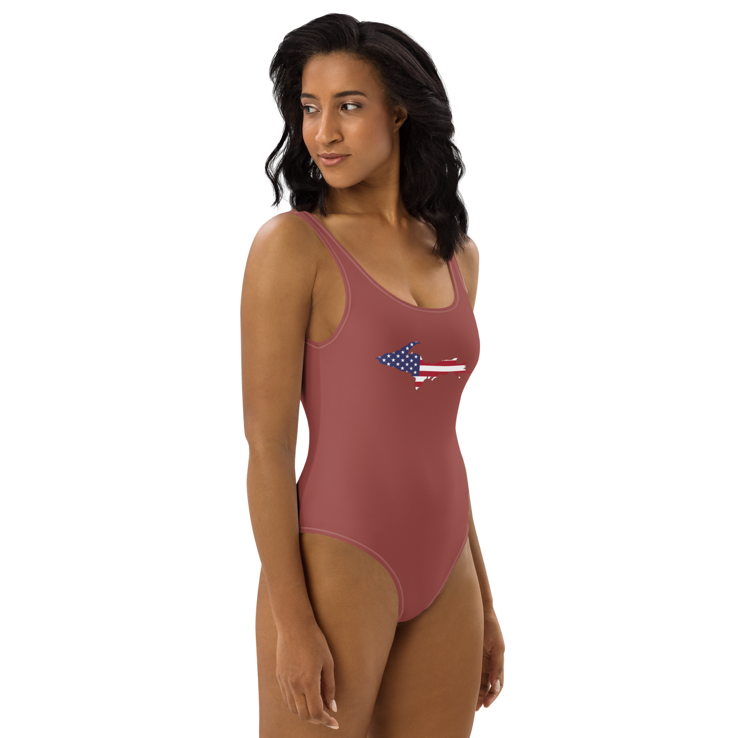 Michigan Upper Peninsula One-Piece Swimsuit (w/ UP USA Flag) | Ore Dock Red