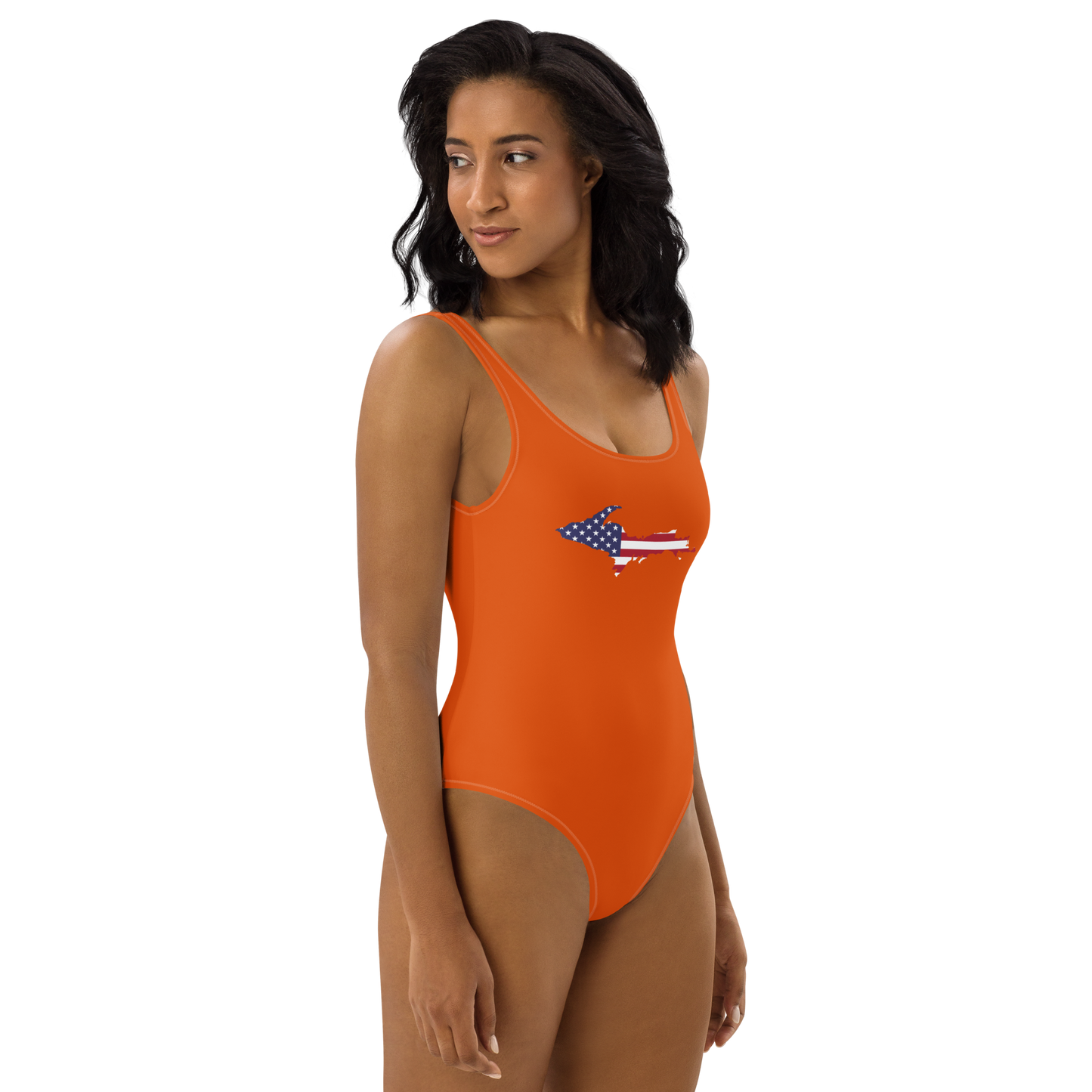 Michigan Upper Peninsula One-Piece Swimsuit (w/ UP USA Flag) | Maple Leaf Orange