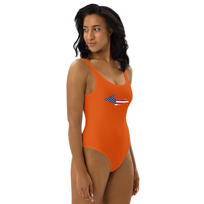 Michigan Upper Peninsula One-Piece Swimsuit (w/ UP USA Flag) | Maple Leaf Orange