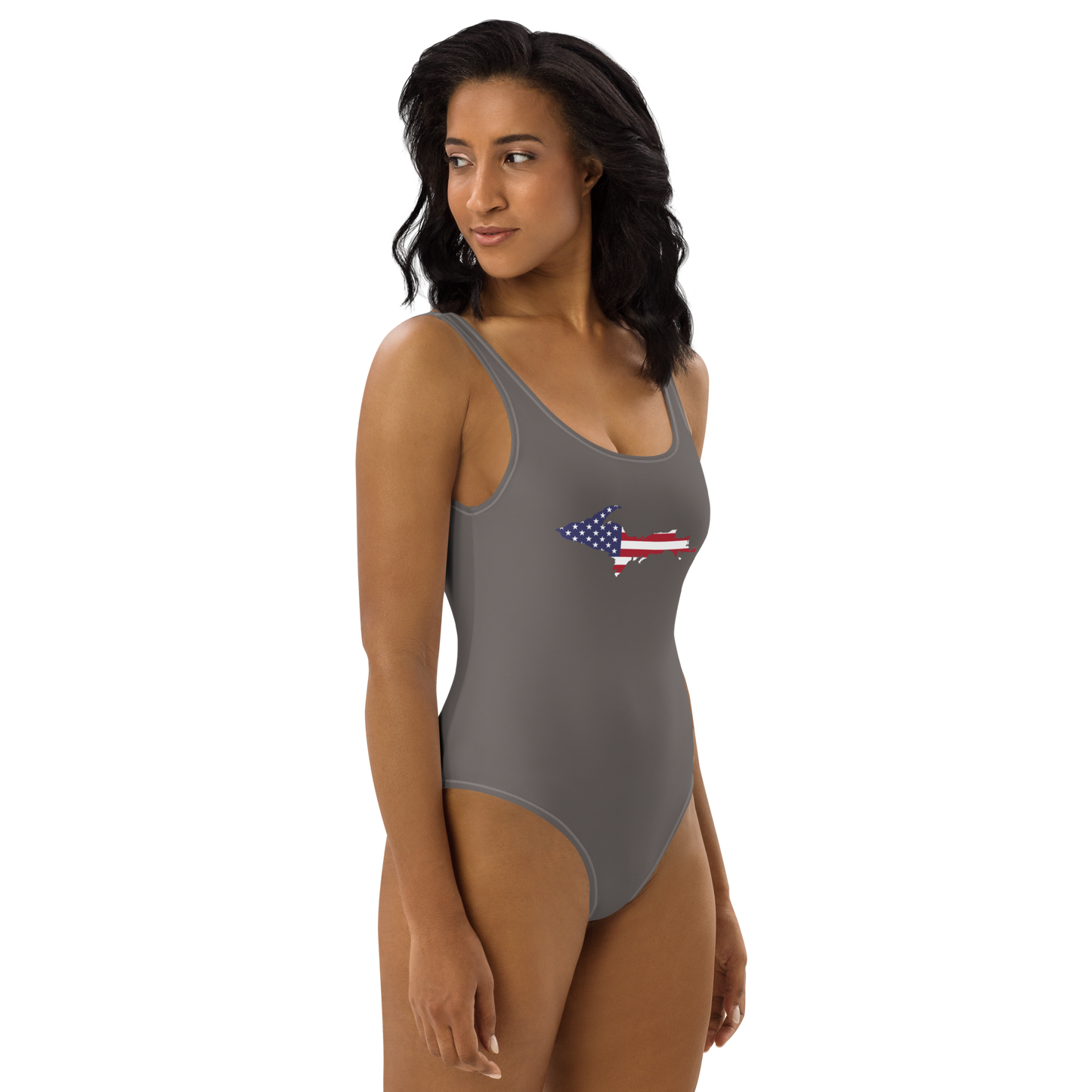 Michigan Upper Peninsula One-Piece Swimsuit (w/ UP USA Flag) | Warren Tank Grey