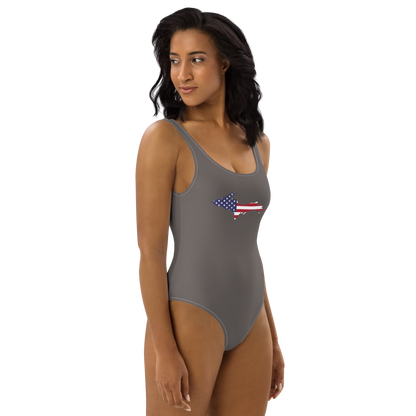 Michigan Upper Peninsula One-Piece Swimsuit (w/ UP USA Flag) | Warren Tank Grey