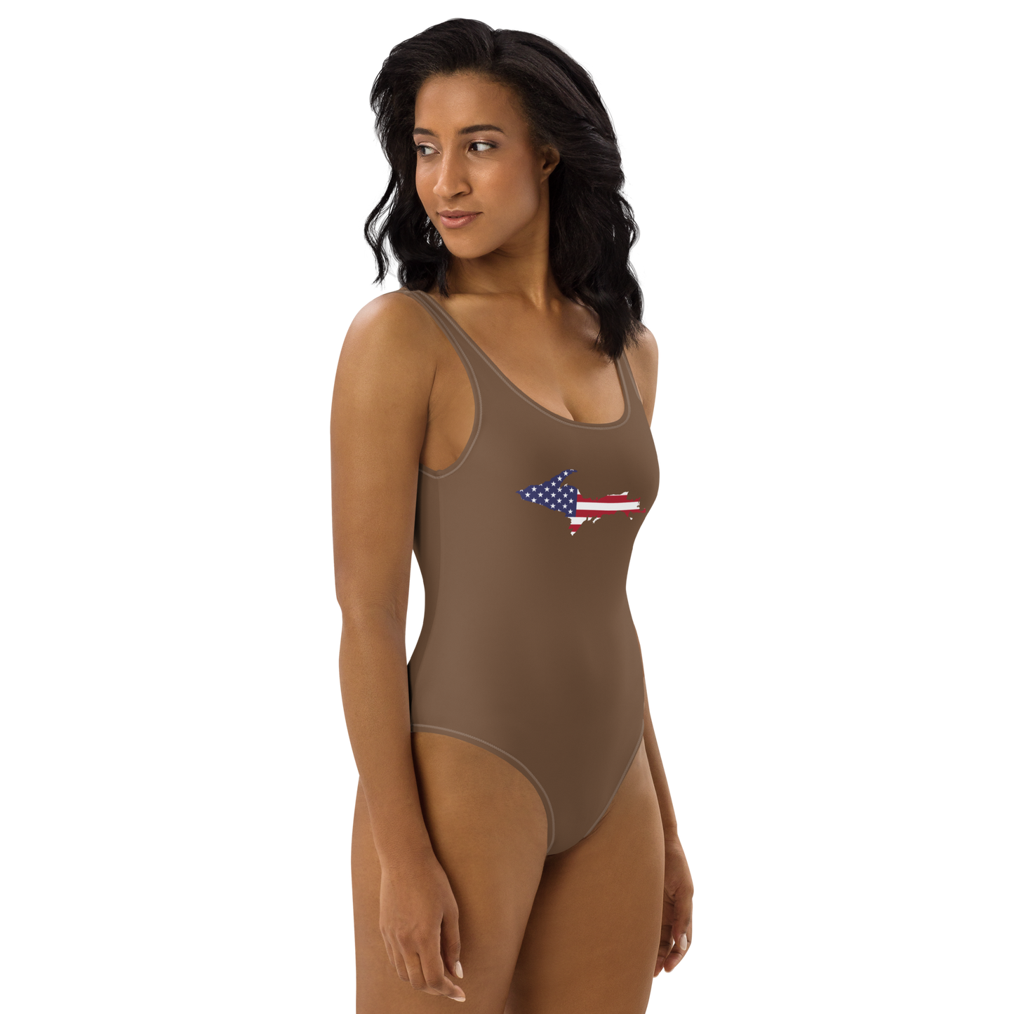 Michigan Upper Peninsula One-Piece Swimsuit (w/ UP USA Flag) | Coffee Color