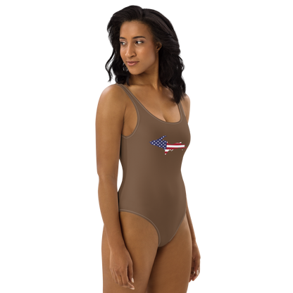 Michigan Upper Peninsula One-Piece Swimsuit (w/ UP USA Flag) | Coffee Color