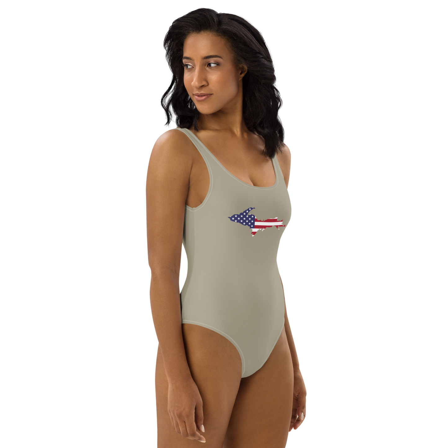 Michigan Upper Peninsula One-Piece Swimsuit (w/ UP USA Flag) | Petoskey Stone Beige