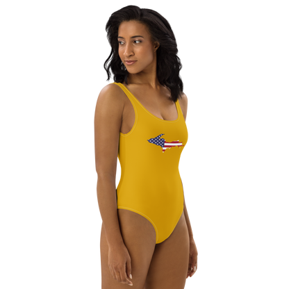 Michigan Upper Peninsula One-Piece Swimsuit (w/ UP USA Flag) | Gold