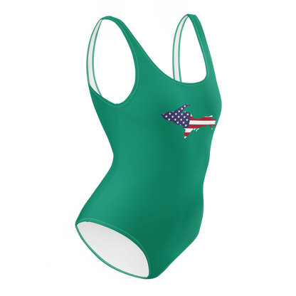 Michigan Upper Peninsula One-Piece Swimsuit (w/ UP USA Flag) | Emerald Green