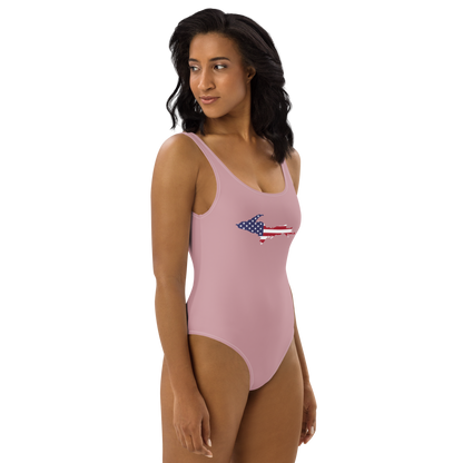 Michigan Upper Peninsula One-Piece Swimsuit (w/ UP USA Flag) | Cherry Blossom Pink