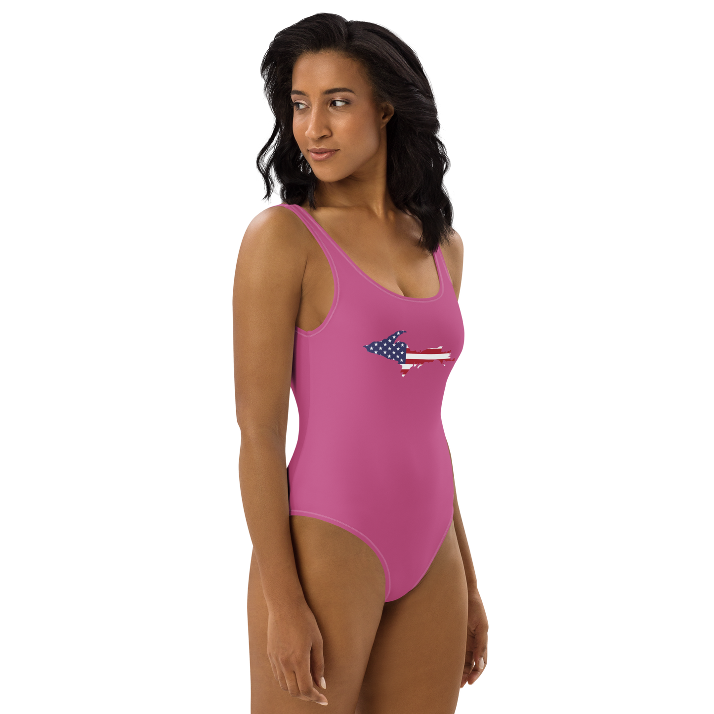 Michigan Upper Peninsula One-Piece Swimsuit (w/ UP USA Flag) | Apple Blossom Pink