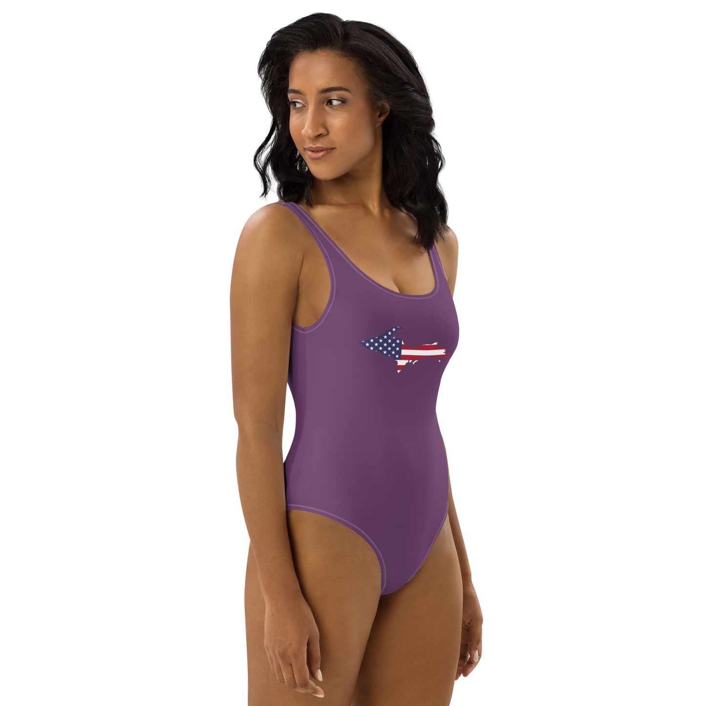 Michigan Upper Peninsula One-Piece Swimsuit (w/ UP USA Flag) | Plum