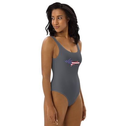 Michigan Upper Peninsula One-Piece Swimsuit (w/ UP USA Flag) | Iron Ore Grey