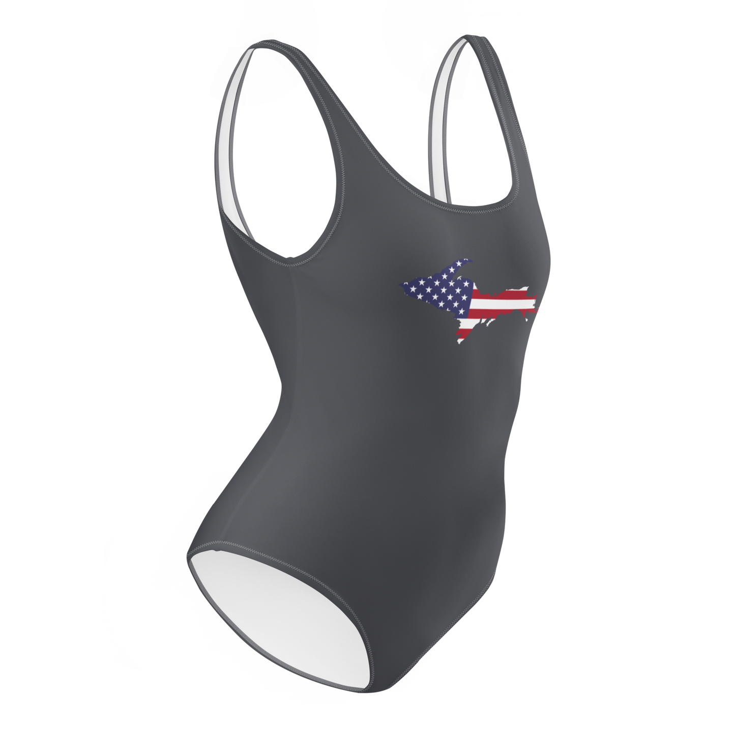 Michigan Upper Peninsula One-Piece Swimsuit (w/ UP USA Flag) | Iron Ore Grey