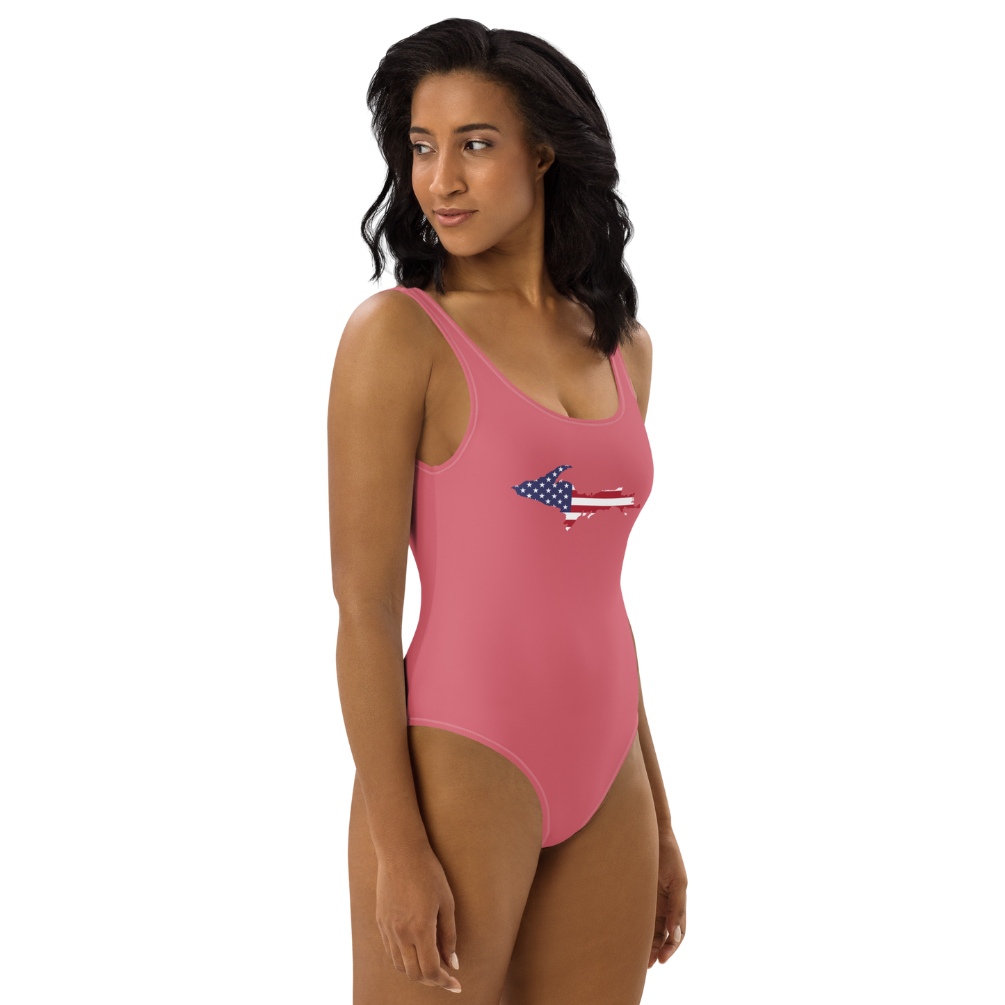 Michigan Upper Peninsula One-Piece Swimsuit (w/ UP USA Flag) | Watermelon Pink