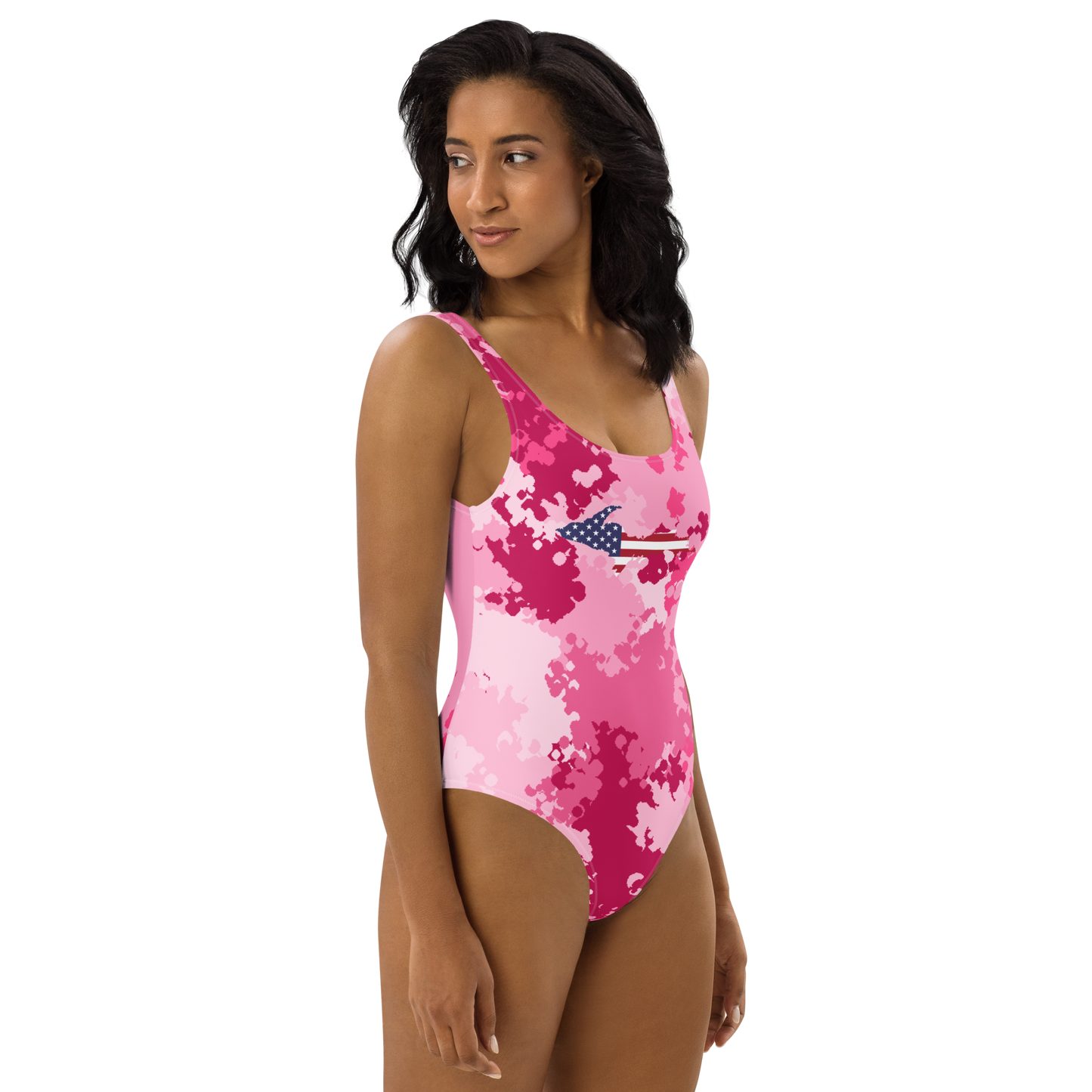 Michigan Upper Peninsula One-Piece Swimsuit (w/ UP USA Flag) | Pink Camo